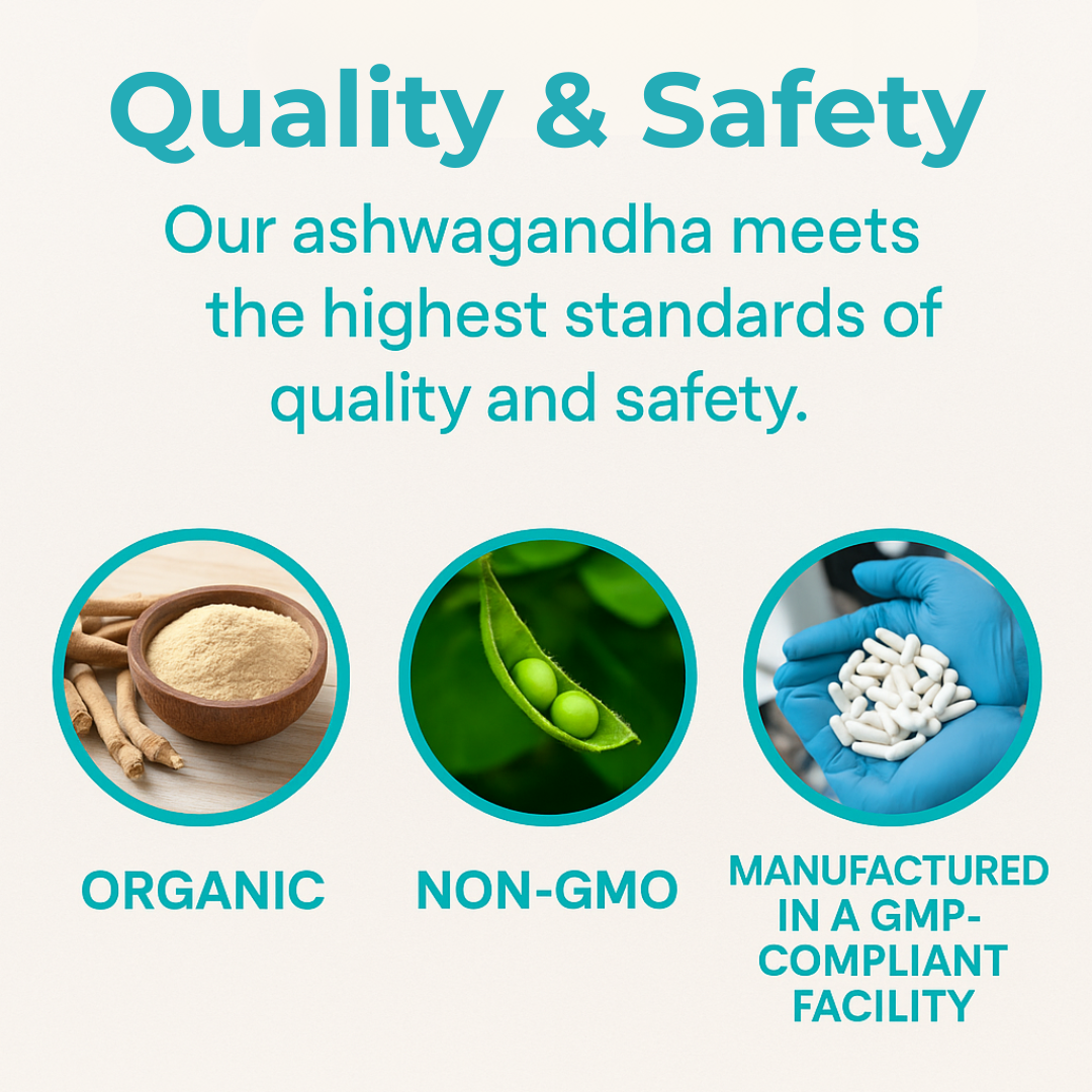 Quality and safety assurances for ashwagandha products with icons and text.