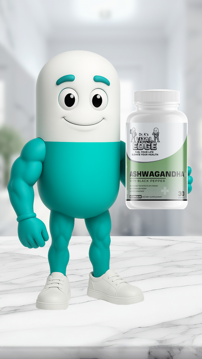 Capsy the Capsule holding a bottle of Ashwagandha with Black Pepper on a marble surface