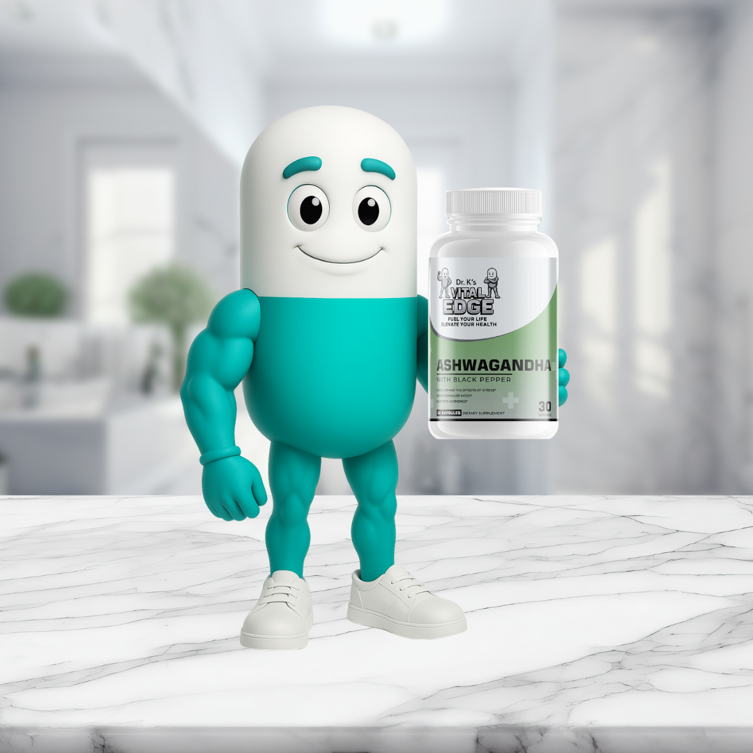Dr. K's Vital Edge Mascot Capsy the capsule holding a bottle labeled 'Ashwagandha With Black Pepper' on a marble surface. 