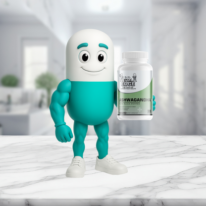 Dr. K's Vital Edge Mascot Capsy the capsule holding a bottle labeled 'Ashwagandha With Black Pepper' on a marble surface. 