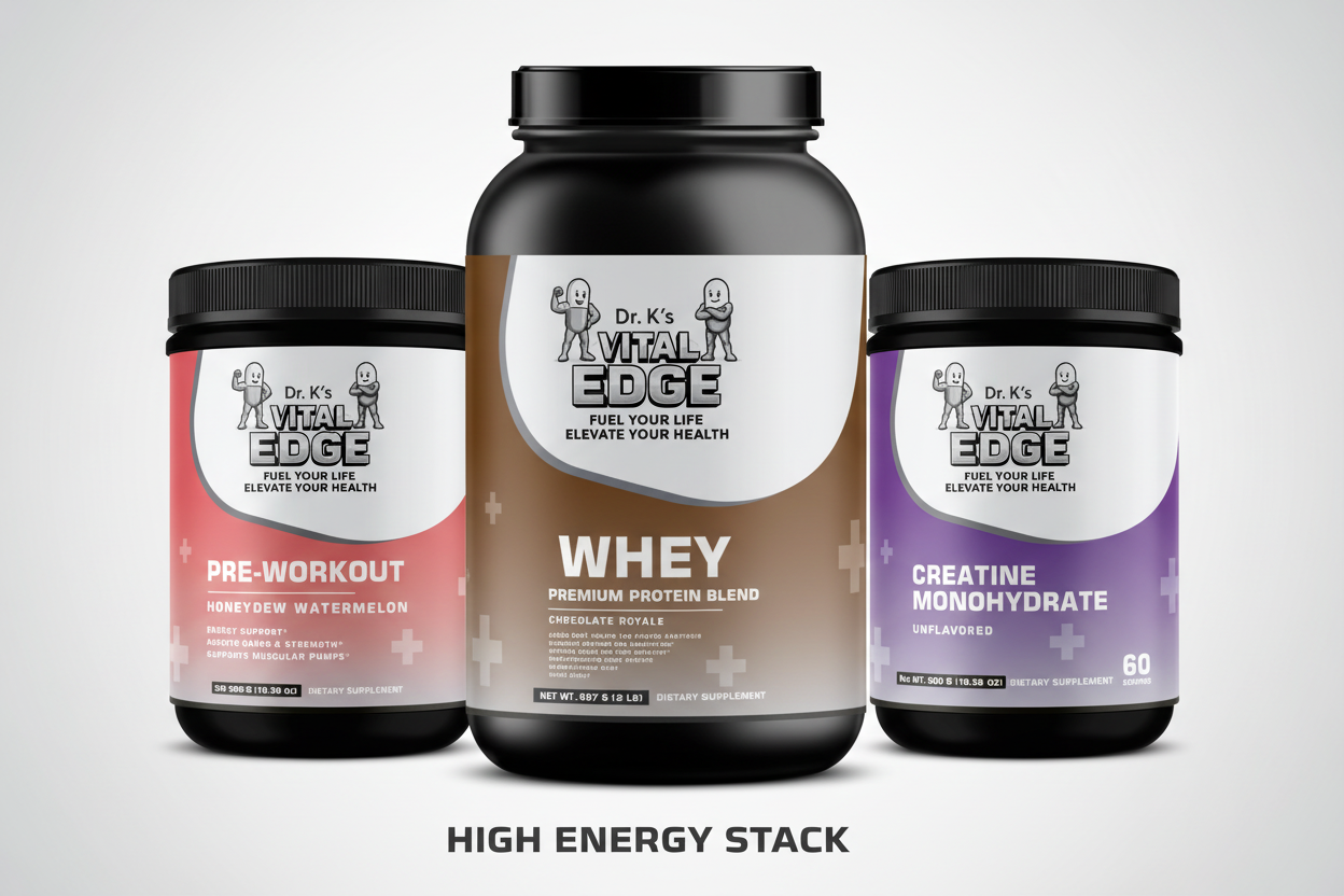 High Energy Stack Bundle - Nitric Shock Pre-Workout, WHEY Premium Protein, and Creatine Monohydrate - complete 3-product performance bundle by Dr. K's Vital Edge
